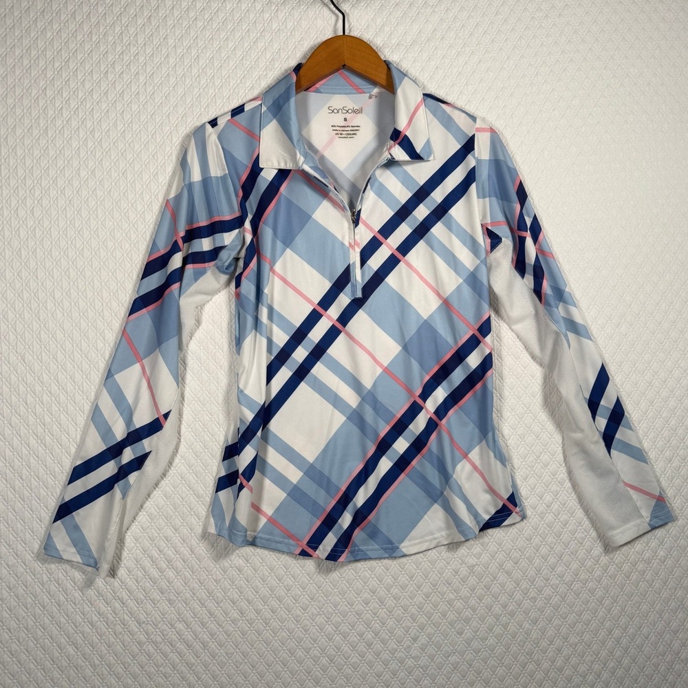 SanSoleil Womens S SolCool Blue Pink Plaid UV 50+ Quarter Zip Golf Top Pullover